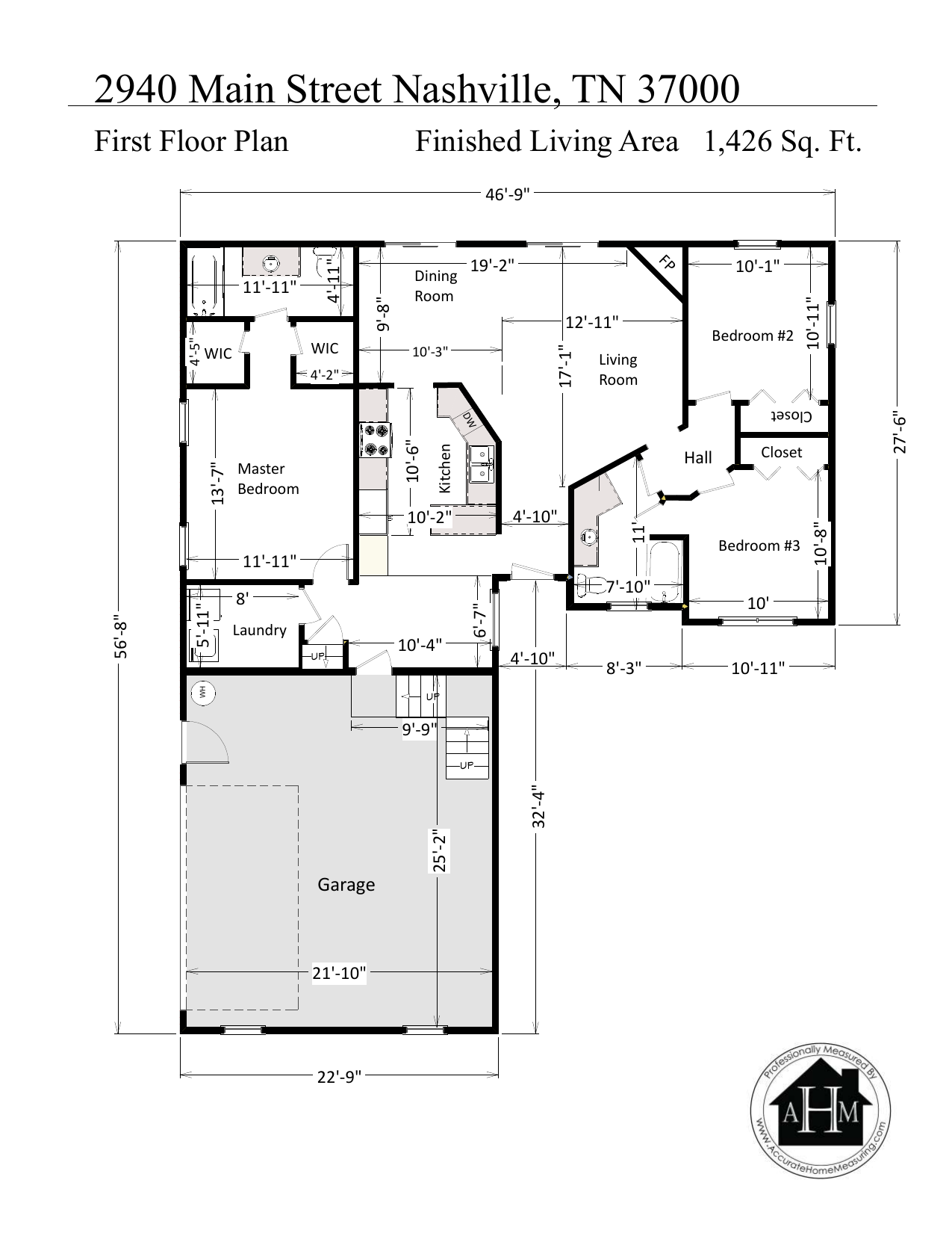 Detailed Measure sample showing interior walls, room dimensions, doors, windows, fixtures, and a shaded garage